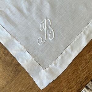 Monogrammed ‘R’ Vintage Linen Square White Tablecloth
